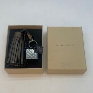 Burberry Beige and Black Leather Tassel Keychain with Silver Accent